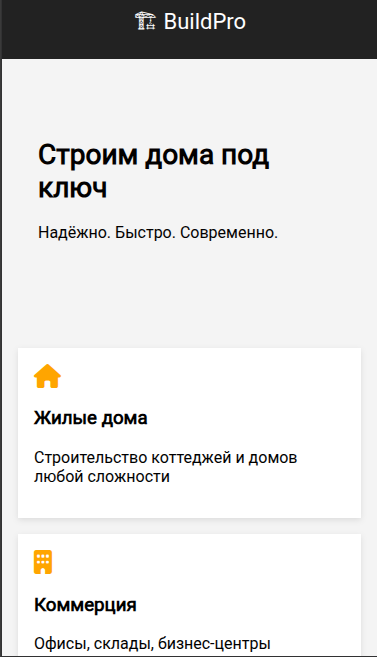 Страница BuildPro с meta viewport на мобильном экране: текст читаем, блоки адаптированы под ширину