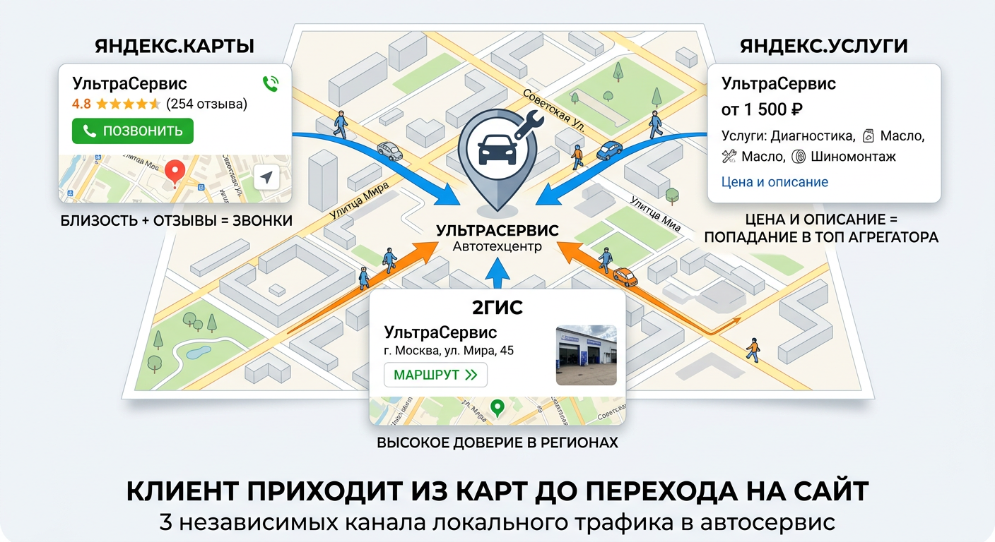 Схема локального SEO, показывающая, как карты приводят клиентов в автосервис.