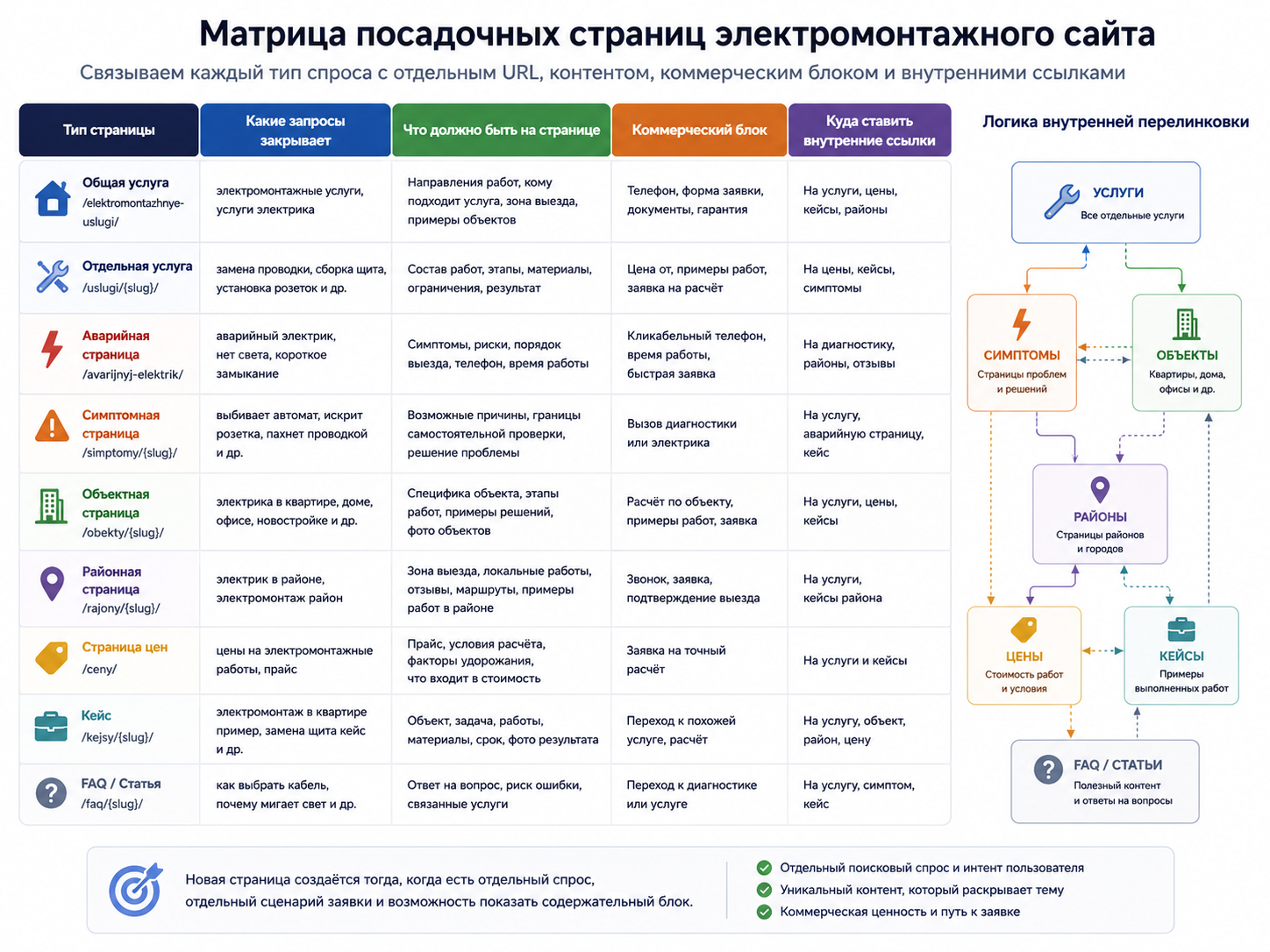 Матрица посадочных страниц для SEO-структуры электромонтажного сайта