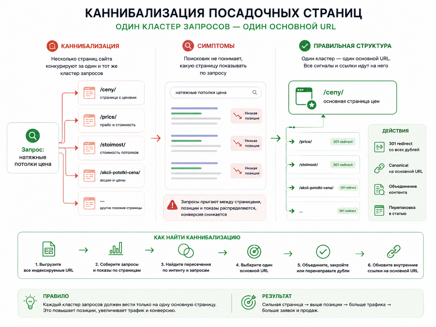Схема каннибализации посадочных страниц сайта натяжных потолков, где несколько URL конкурируют за один кластер запросов