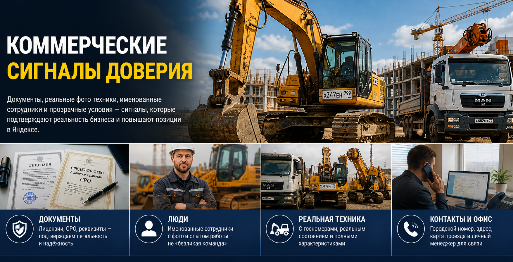 Перечень факторов доверия к бизнесу для Яндекса: документы, сотрудники, техника, контакты и офис.