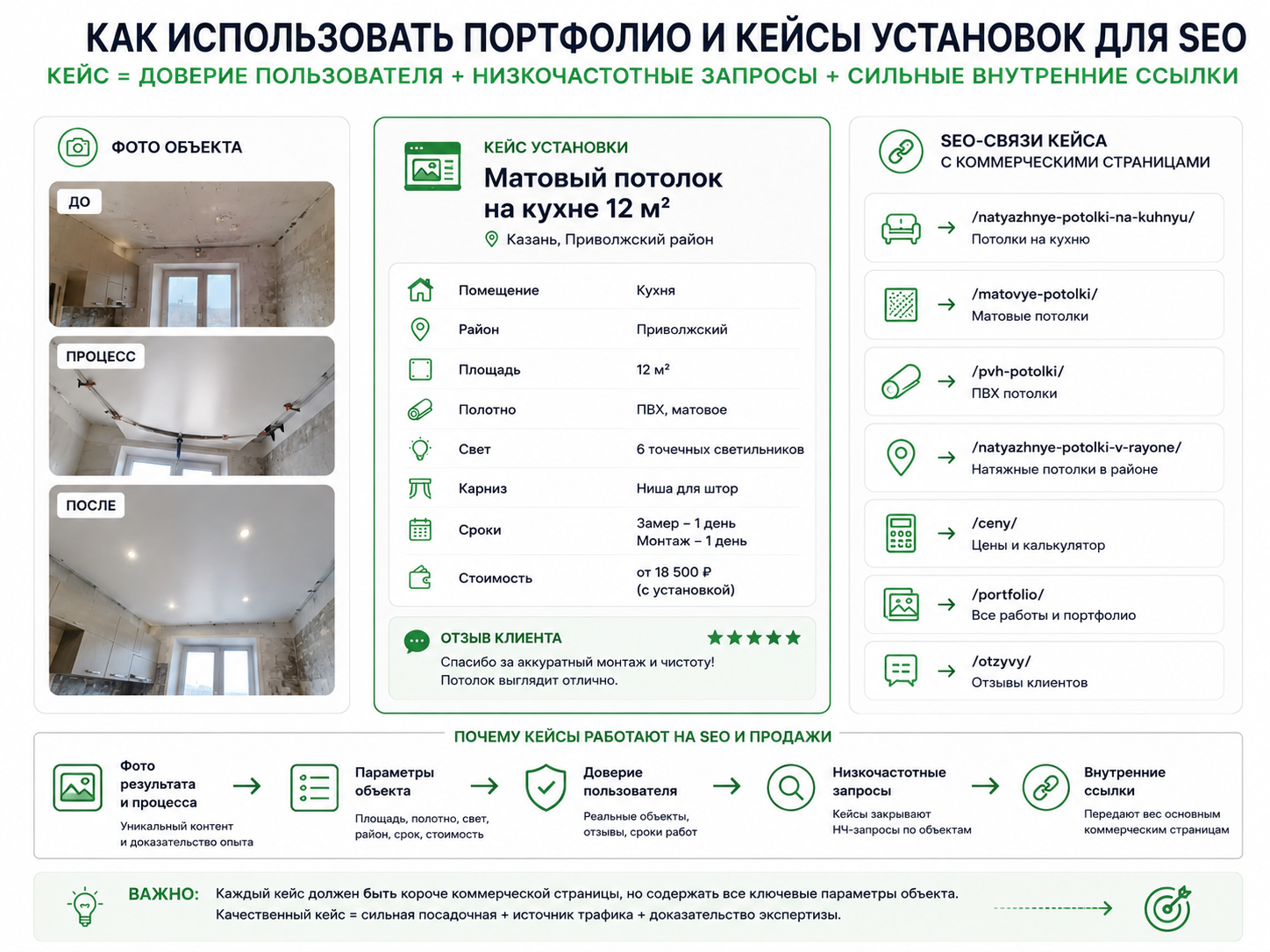 Инфографика SEO-кейса установки натяжного потолка с фото, параметрами объекта, районом, площадью и ссылками на услуги