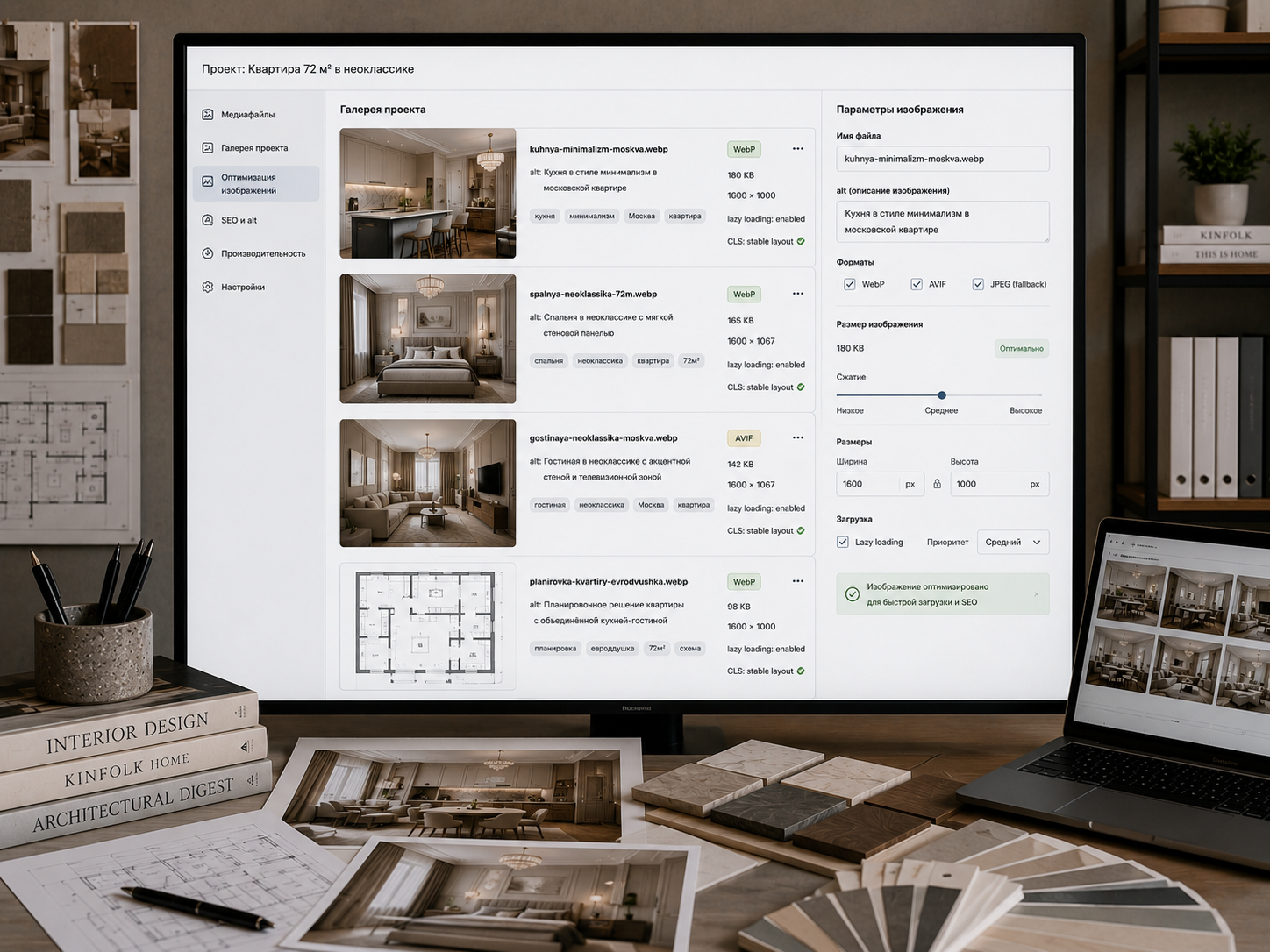 Оптимизация фотографий интерьеров для Image SEO с настройкой alt, имён файлов, WebP, AVIF, lazy loading и размеров изображений.