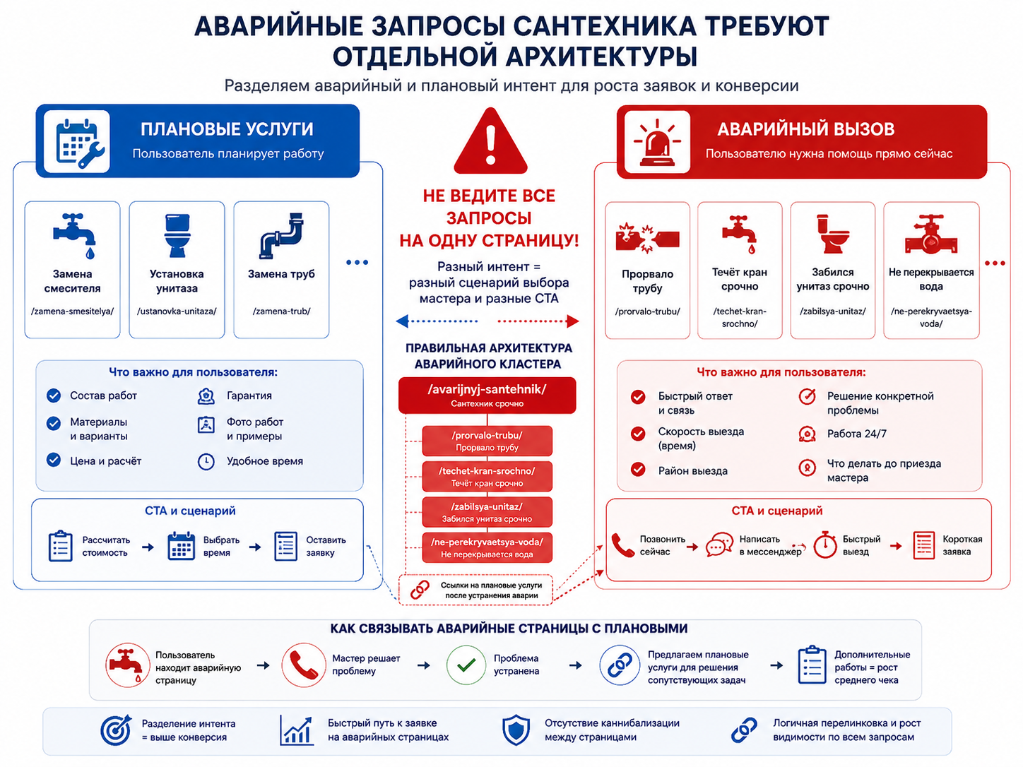 Инфографика разделения аварийных и плановых запросов сантехника: срочный вызов, прорыв трубы, течь, засор и плановые услуги вынесены в разные SEO-кластеры.