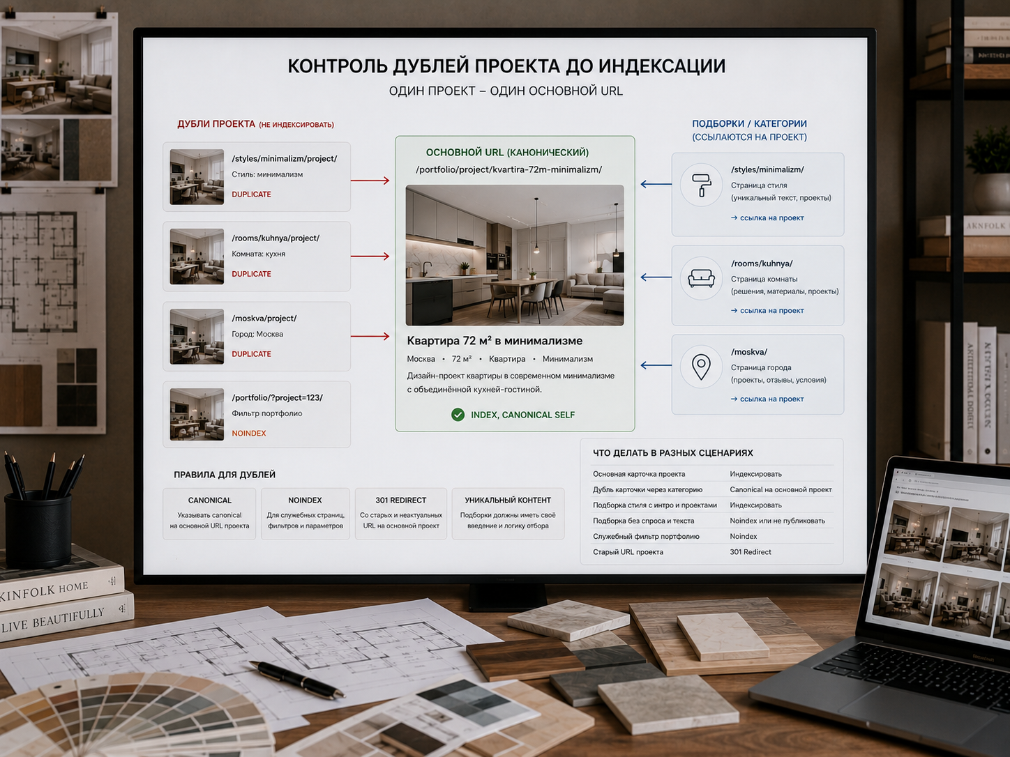 SEO-схема закрытия дублей карточки проекта дизайн-студии через canonical, noindex и 301-редирект с выбором основного URL.
