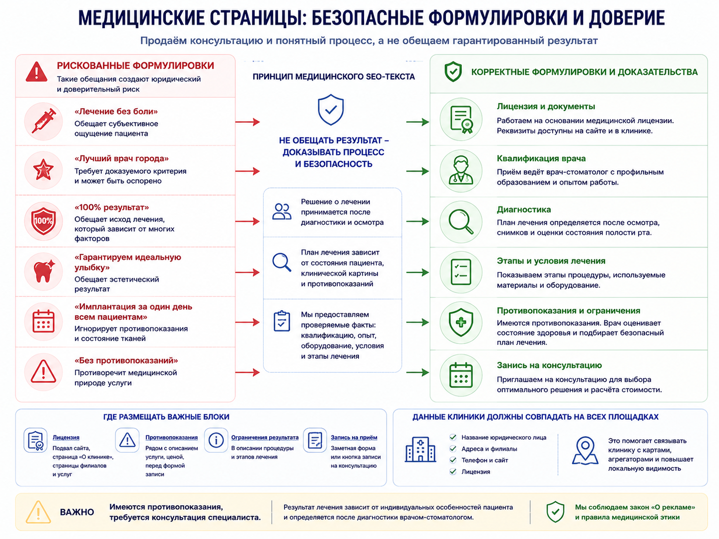 Инфографика о безопасных формулировках для медицинских страниц стоматологии: рискованные обещания, лицензия, диагностика, противопоказания и запись на консультацию