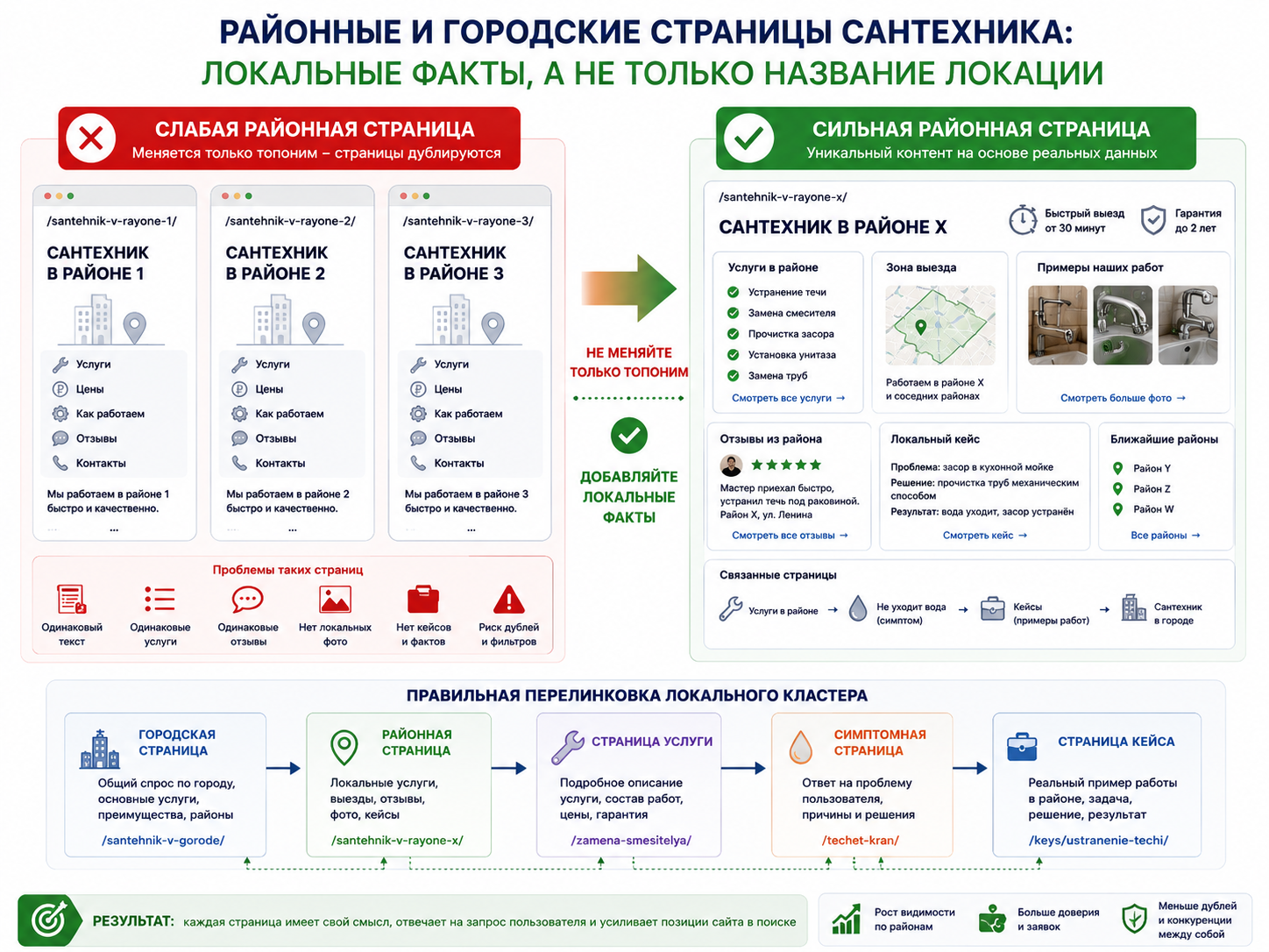 Инфографика о районных страницах сайта сантехника: слабые дубли с заменой названия района сравниваются с локальной страницей с услугами, кейсами, отзывами, фото работ и перелинковкой.