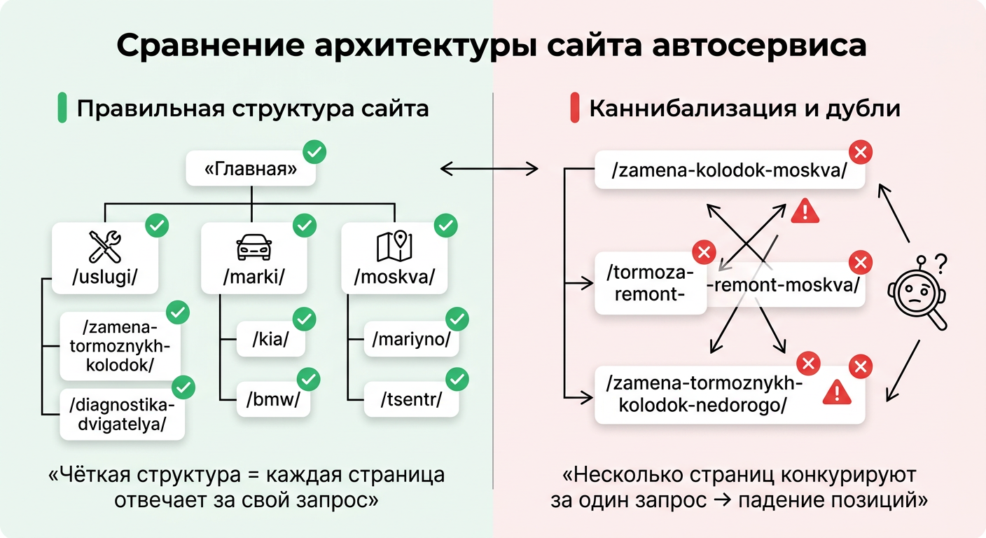 Схема правильной структуры сайта автосервиса во избежание каннибализации и дублей.
