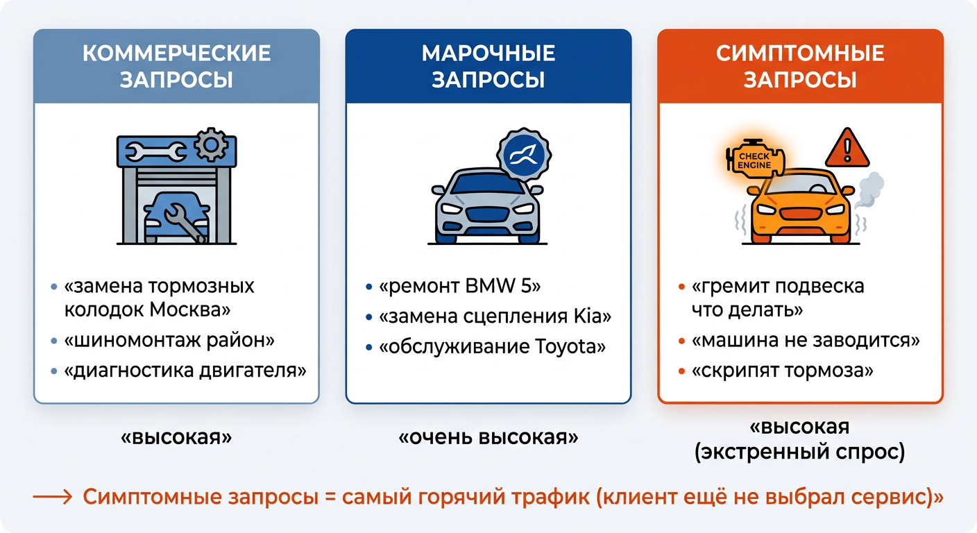 Классификация запросов в SEO для автосервиса, показывающая важность симптомных.