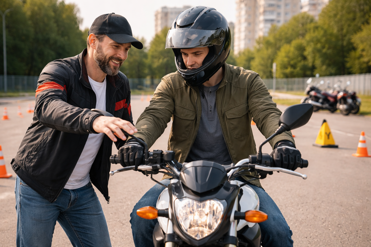 Инструктор обучает мужчину управлению мотоциклом на площадке автошколы с конусами