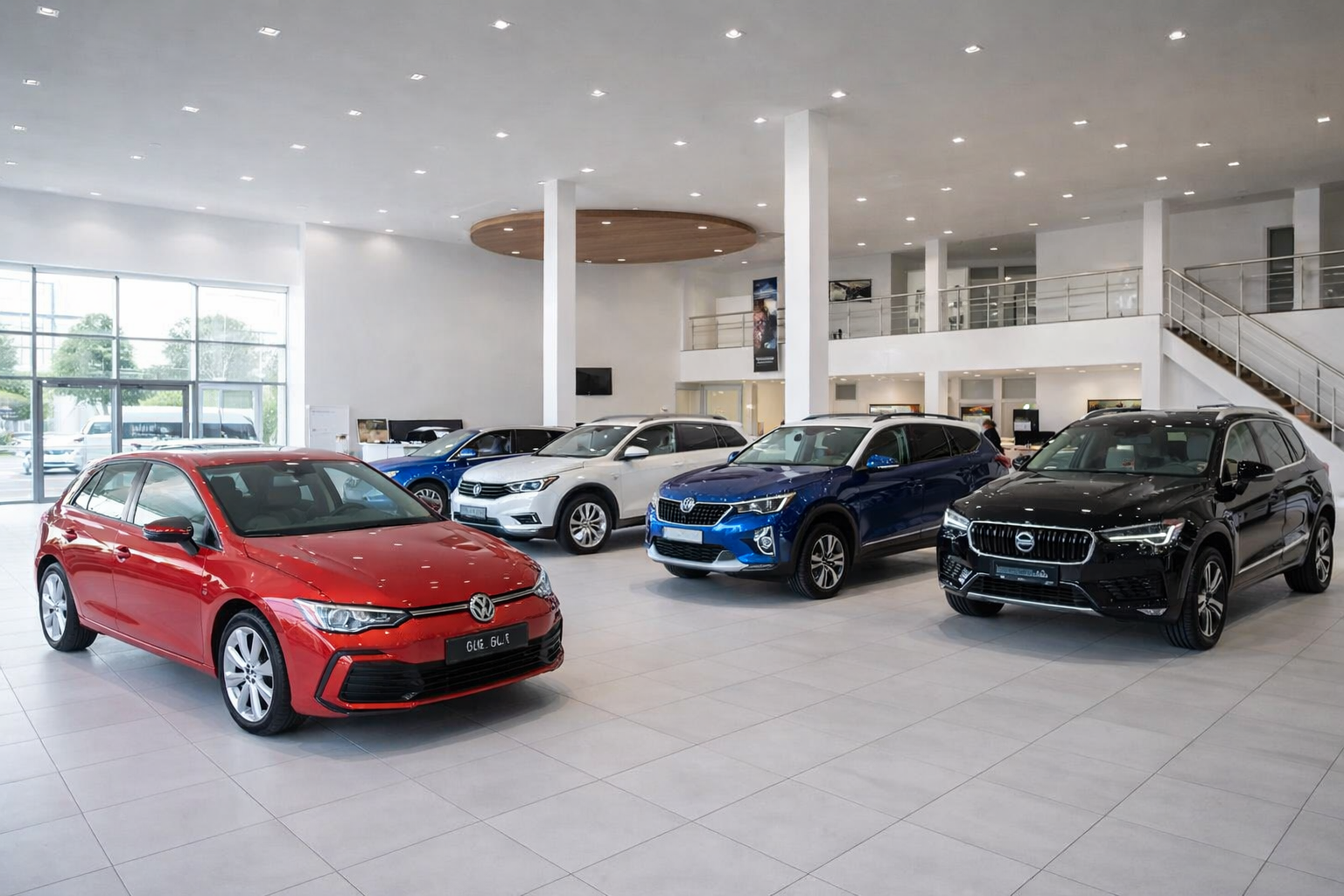Автосалон с новыми авто в современном шоуруме для выбора