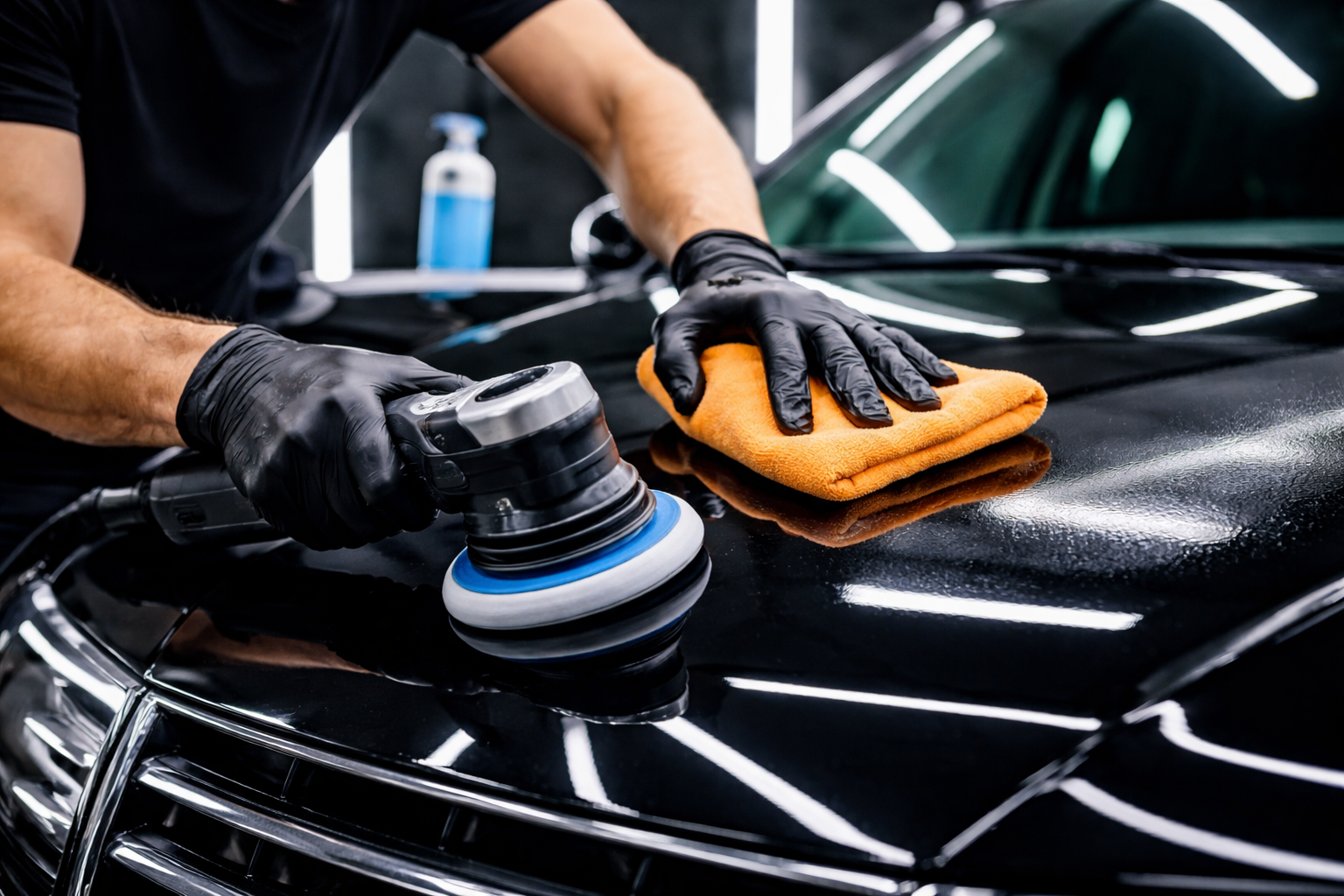 Крупный план детейлинга кузова автомобиля