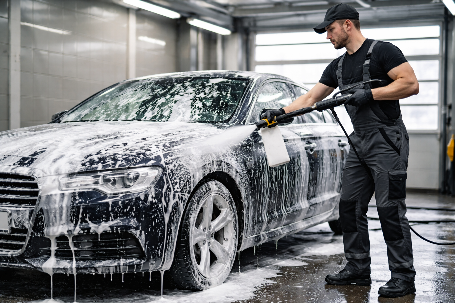 Мастер в автомойке наносит пену на автомобиль с помощью аппарата высокого давления, очищая кузов в помещении с ярким освещением