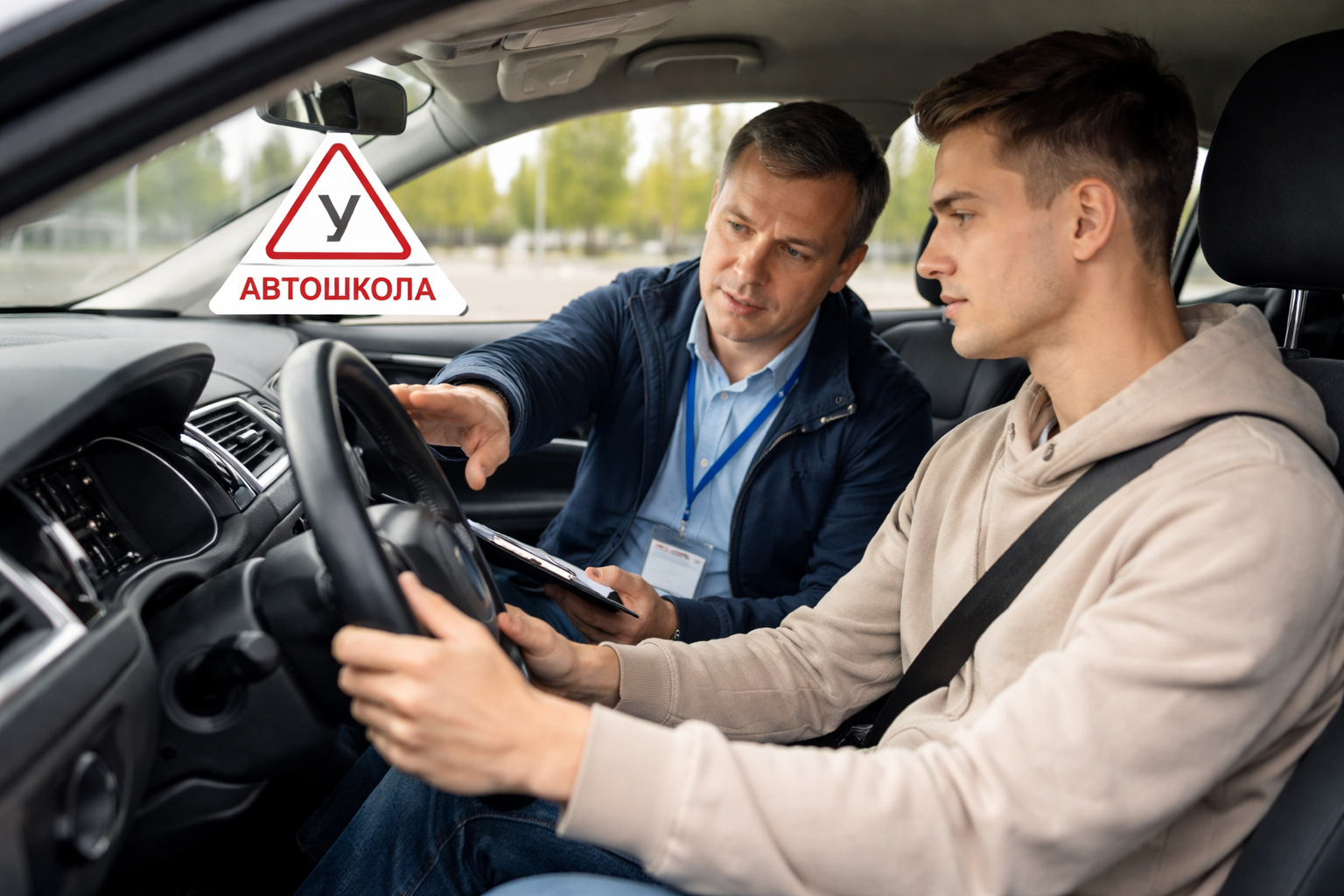 Инструктор автошколы объясняет ученику управление автомобилем во время практического занятия за рулём