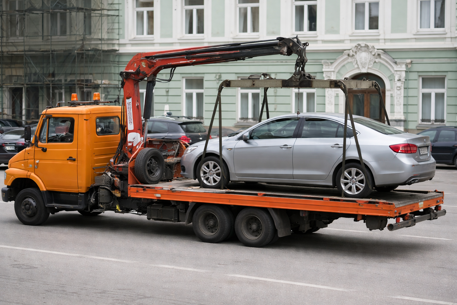 Оранжевый эвакуатор с краном-манипулятором поднимает серебристый седан на платформу на городской улице, на фоне здания с классической архитектурой