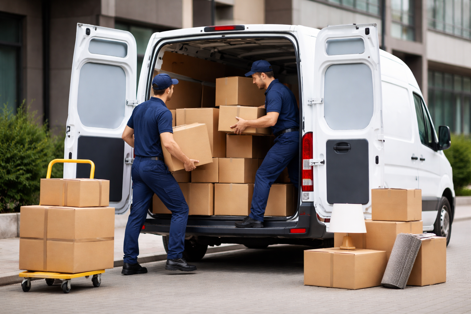 Грузчики загружают коробки в фургон для переезда
