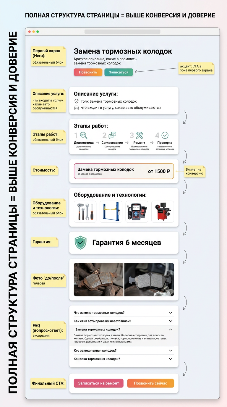 Схема полной структуры страницы услуги для повышения конверсии и доверия.